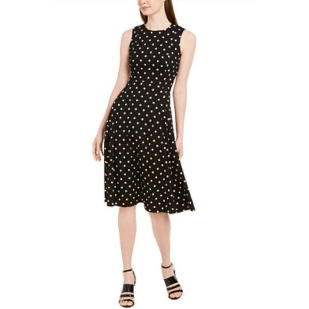 Ralph Lauren Dress 14 Black White Polka Dot A Line Stretch Washable Sleeveless
